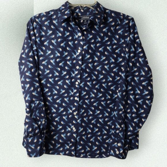 Lands End Button-Down Shirt Blue Supima & White Bird Print Long Sleeve 6Petite - Picture 1 of 9